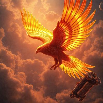 The primary subject of the image is a large, colorful bird with a long tail, flying through a cloudy sky. The bird is positioned in the center of the scene, with its wings spread wide. The setting is a cloudy sky, which adds to the overall atmosphere of the image. The visual style is a combination of photo and digital art, creating a vibrant and dynamic scene. The dominant colors are orange and yellow, which are prevalent in the bird's feathers and the clouds.